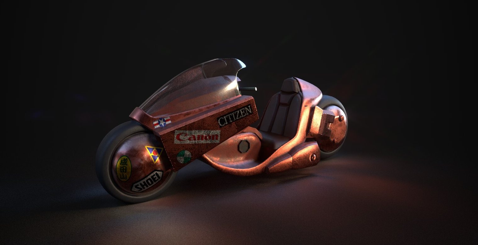 Kaneda's red bike from Akira, three-quarter view, covered in sponsor decals, lit low in a dark studio
