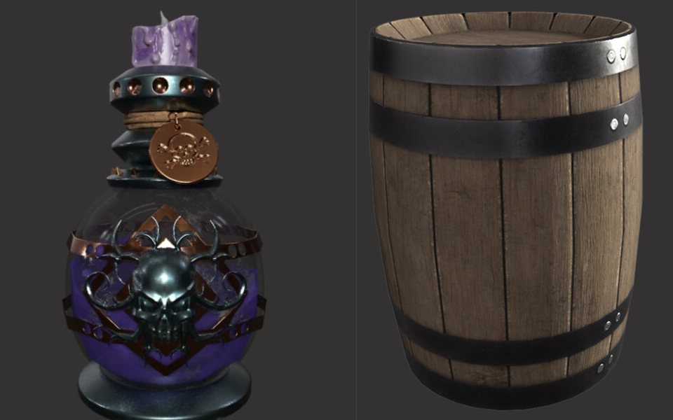 Two game props: a potion bottle with a purple candle and a skull emblem, and a wooden barrel with iron bands