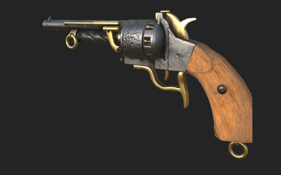 Low-poly revolver with an engraved steel cylinder, brass fittings and a wooden grip