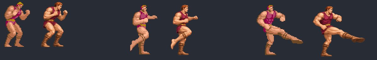 The hero guarding, kneeing and kicking, original beside redrawn