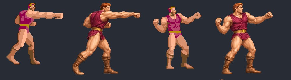 Original 16-bit sprites beside redrawn high-resolution versions