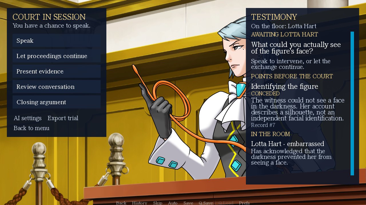 Franziska von Karma in court, with a panel tracking the open question and what the witness has conceded
