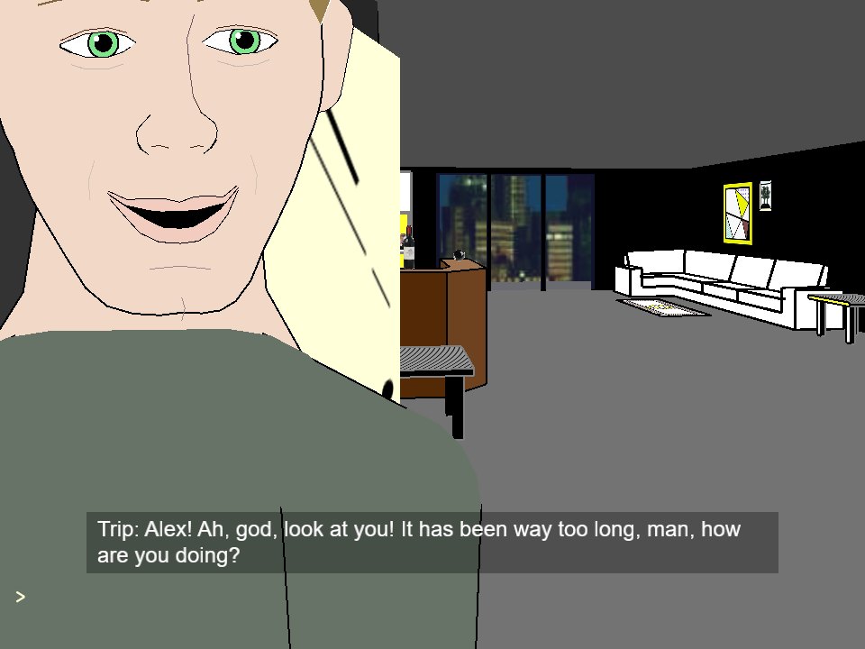 Trip greets the player at the door; the subtitle shows his line