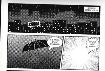 A manga page drawn and lettered from a short scene: a rainy city at night, an umbrella, a shout