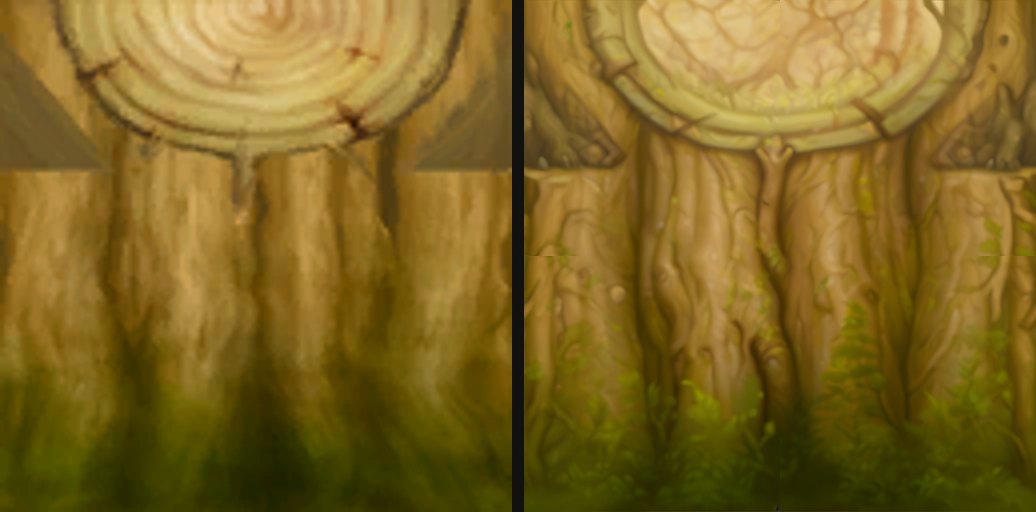 A tree stump texture, original on the left, redrawn on the right