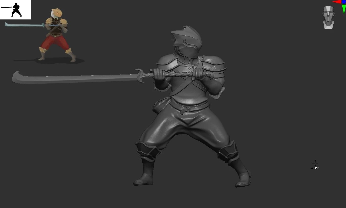 The grey ZBrush sculpt of the Ironclad holding the glaive, with the game's art in the corner for reference